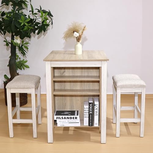 3-Piece Wooden Dining Table Set, Kitchen Island with Seating for 2, Kitchen Bar Table with Stools, Counter Height Dining Table Set, Weathered Birch & Antique White, Farmhouse Style
