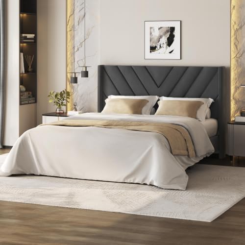 Yaheetech Queen Bed Frame with Chevron Channel-Tufted Headboard, Deep Gray