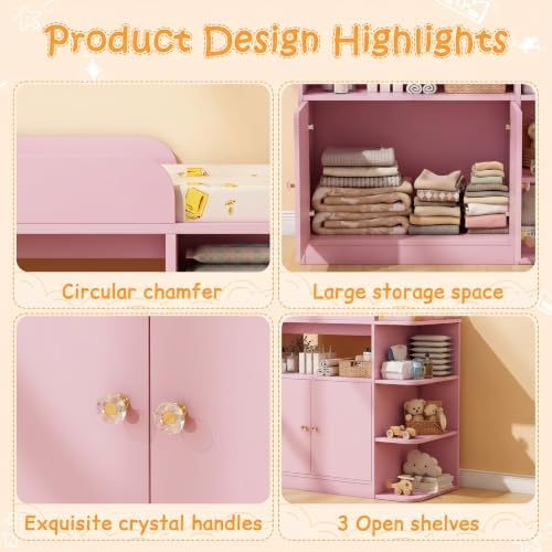 Wanan Changing Table Dresser with Large Cabinet for Nursery, Wood, Pink