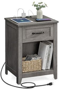 VASAGLE Farmhouse Nightstand with Charging Station, 1 Drawer