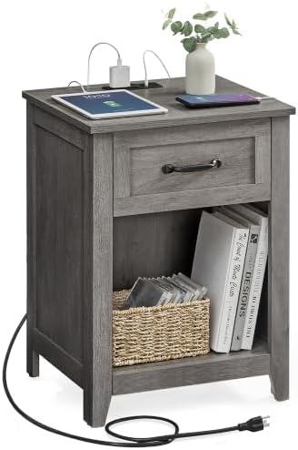 VASAGLE Farmhouse Nightstand with Charging Station, 1 Drawer