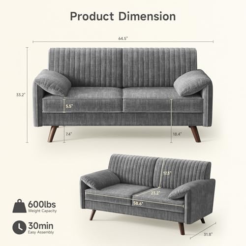 ONBRILL 64.5" Loveseat Sofa, Chenille Loveseat Couch for Living Room, Grey