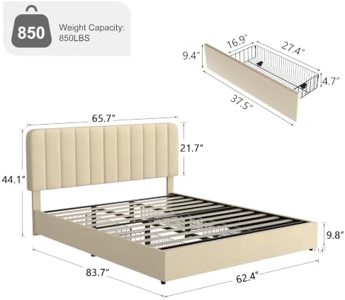 VECELO King Size Upholstered Bed Frame with 4 Drawers and Headboard, Velvet Platform Storage Bedframe, Wooden Slats Support, No Box Spring Needed,Bone Beige
