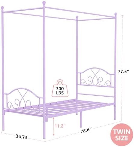 Twin Princess Canopy Bed Frame with 4 Posters, Twin Size Bed for Kids Girls
