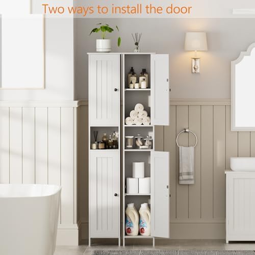 Homleke Tall Bathroom Storage Cabinet with 2 Doors, Slim Bathroom Cabinet | Narrow Storage Cabinet with Adjustable Shelves, Reversible Door, Easy Assembly, for Bathroom, Living Room, White, 11.8''W