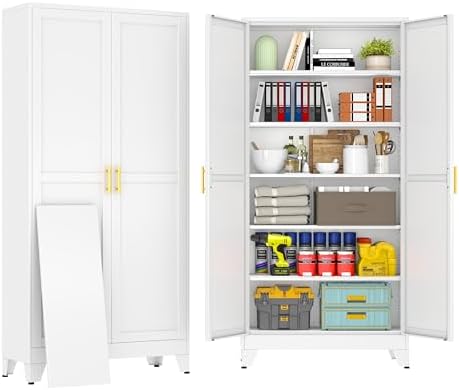 75" White Tall Metal Storage Cabinet with 2 Doors and 5 Adjustable Shelves,Steel Garage Tool Cabinet, File Cabinet,Kitchen Pantry Cabinet for Home,Office,Garage,School,Warehouse