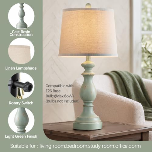 PARTPHONER Traditional Table Lamp Set of 2, Rustic Farmhouse Table Lamps for Living Room Bedroom, 27" Bedside Desk Lamps Vintage Nightstand Lamps with Linen Shades, Light Green