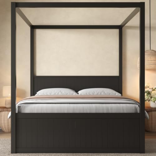 SANOFI Queen Size Wood Canopy Bed with Twin Size Trundle, Black