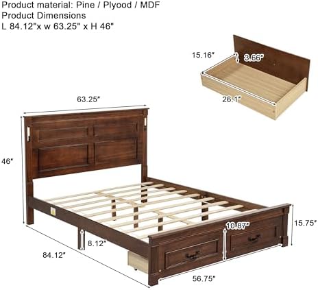 Queen Size Bed Frame with 2 Storage Drawers & Tall-Panel Headboard