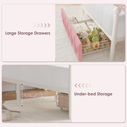 Keyluv Twin Size Upholstered LED Canopy Bed Frame with Charging Station and Drawer, Button Tufted Crown Headboard with Storage Shelf, Two-Purpose Removable Four Poster Design Platform Bed, Pink