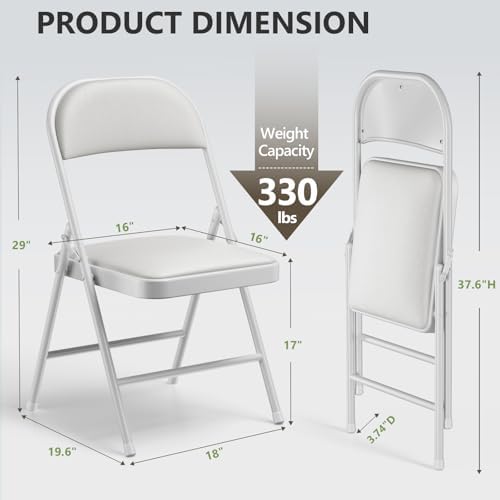 Folding Chairs 6 Pack, PU Leather Padded Folding Chairs for Outside and Indoor, Heavy Duty Portable Foldable Metal Commercial Seat for Home Office, Dorm, Party, Backyard, Lawn, Patio, White