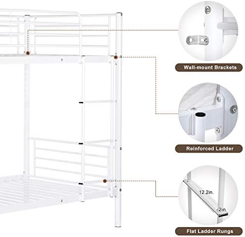 Bonnlo Bunk Bed Twin Over Twin, Metal Bunk Beds White for Girls/Boys/Adults, Anti-Slip Flat Step, No Box Spring Needed