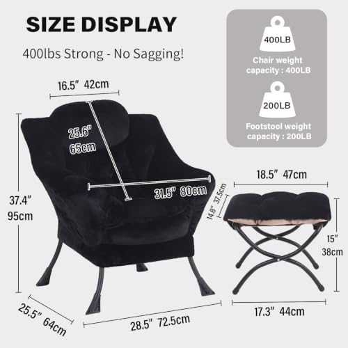 Tiita Lazy Chair with Ottoman, Comfy Reading Accent Chair, Plush Black