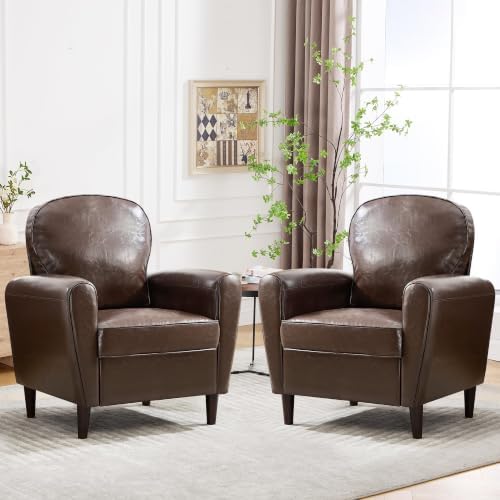 Mid Century Accent Chair Set of 2, Modern Faux Leather Arm Chair, Upholstered Comfy Reading Chair Single Sofa Chairs for Living Room, Bedroom, Club, Coffee