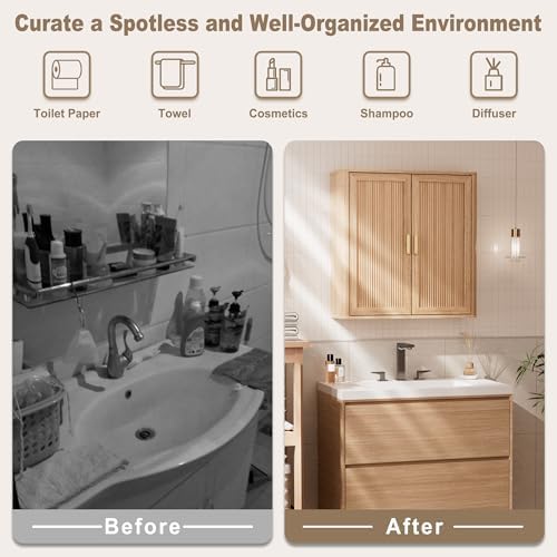 INNOD Bathroom Storage Wall Cabinet, Over the Toilet Storage Cabinet Above Toilet Storage, Medicine Cabinet with Adjustable Wood Shelf & Doors for Laundry Room & Kitchen & Living Room (Natural Oak)