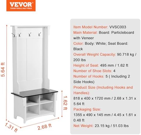 VEVOR Hall Tree Entryway Bench, Coat Rack with Shoe Storage, 32" Wide Mudroom Bench with Seating and Adjustable Shelves, 5 Hanging Hooks and 4 Storage Drawers, for Mudroom, Entryway, Hallway
