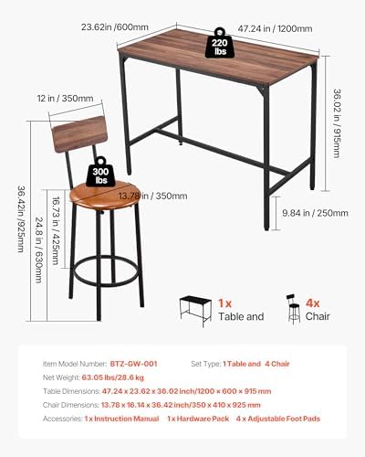 VEVOR Bar Table and Chairs Set, 5PCS 47.2″ Bars Tables Set with Rounded Edge Design, Rectangular Pub Table with Four Stools for Living Room, Dining Room, Kitchen, Walnut Color, Black