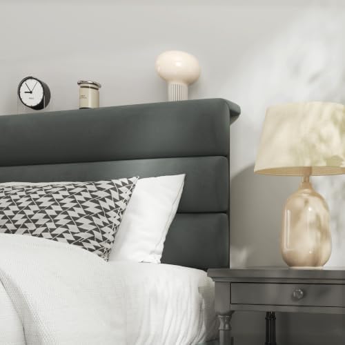 Fluest Full Bed Frame, Platform Bed Frame with Velvet Upholstered Headboard, No Box Spring Needed, Sturdy Metal Support, Noise Free, Easy Assembly, Modern Bedroom Furniture, Grey