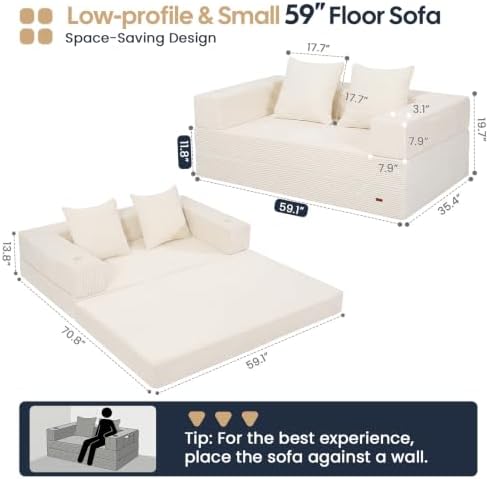 COMAX Boneless Futon Sofa Bed, 59" Small Low-Profile Floor Couch, Beige