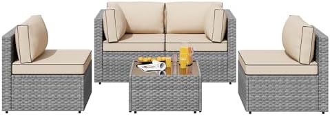 SUNLEI 5pcs Patio Outdoor Furniture Sets Conversation Set,Low Back All-Weather Rattan Sectional Sofa with Tea Table&Washable Couch Cushions(Silver Rattan)（Khaki）