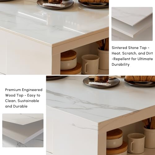 homary 72" Modern Kitchen Island with Storage, White Marble-Effect Engineered Wood Top, Modern Kitchen Table for Dining Room