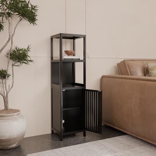 GDFStudio 52" Tall Bamboo Storage Cabinet, Slim Freestanding Linen Tower with 2 Open Shelves & Door Cabinet, Narrow Bathroom Organizer for Bedroom, Living Room, Laundry Room, Kitchen, Natural Bamboo