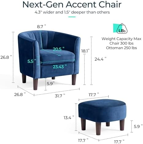 LINSY Accent Chair with Ottoman, Modern Barrel Chair Small Arm Chair Reading Chair with Footrest, Comfy Round Arms Chair for Living Room Bedroom Reading Room, Velvet(Blue)