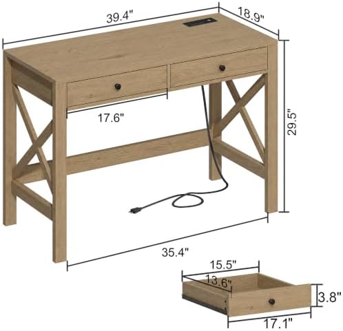 ChooChoo 39.37 Inches Farmhouse Computer Desk with 2 Drawers
