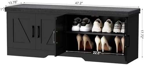 HOMSHO Farmhouse Shoe Storage Bench with 4 Barn Doors & Padded Seat Cushion