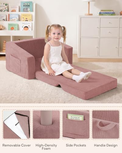2-in-1 Kids Chair and Couch, Larger Cozy Corduroy Kids Sofa, Pink