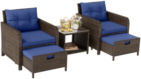 LHBcraft 5 Piece Patio Furniture Set, PE Wicker Outdoor Furniture Set with Soft Cushions & Coffee Table, Outdoor Lounge Chairs with Ottoman for Porch, Lawn, Balcony, Blue-Brown