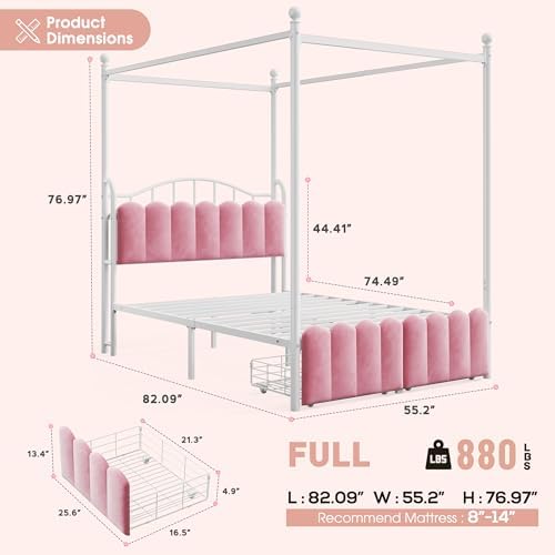 Homkdom Full Canopy Bed Frame with 2 Drawers and LED & Charging,Pink