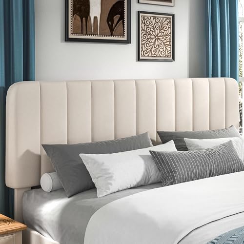 VECELO King Size Bed Frame with Upholstered Headboard, Velvet Platform Bedframe Mattress Foundation, Strong Wood Slat Support, No Box Spring Needed,Velvet Beige