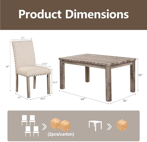 Modern Fort 5-Piece Farmhouse Dining Table Set for 4, 60" Rectangular Wood Dining Table with 4 Upholstered Chairs, Nailhead Trim, Kitchen Table with Chairs Set for Dining Room & Breakfast Nook