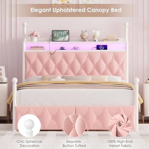 HIFIT Queen Size LED Canopy Bed Frame with Storage & Charging Station, Pink