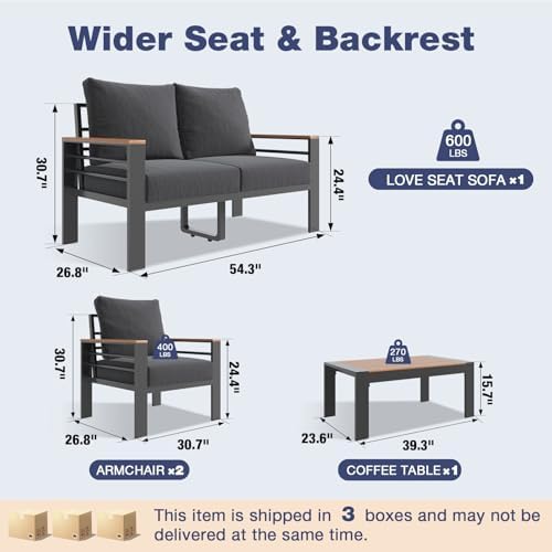 Aoxun Aluminum Patio Furniture Set 4 Seats, Oversized Outdoor Sectional with Washable Cushions, Coffee Table, Patio Conversation Sets for Porch, Balcony, Deck, Dark Gray