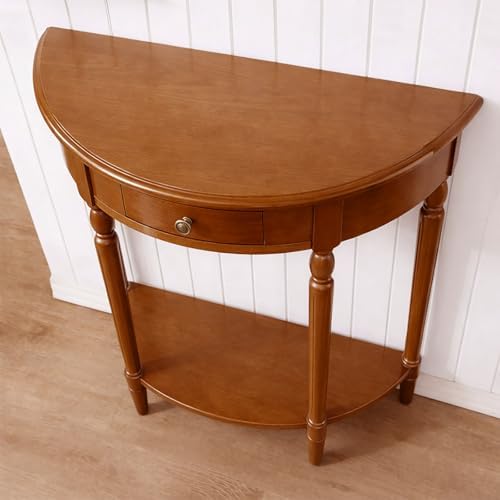 Half Moon Console Table Solid Wood Vintage Entryway Table with Storage Drawer Small Hallway Table for Entryway Half Round Foyer Tables Walnut Entry Way Tables For Entrance (Cherry, W-23.6")