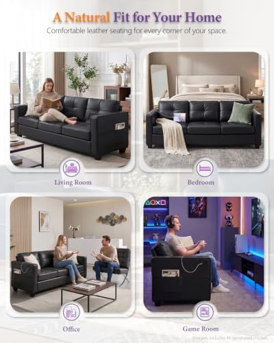 88'' Black Faux Leather Couch w/ Charging, 3 Seater Living Room Office Sofa