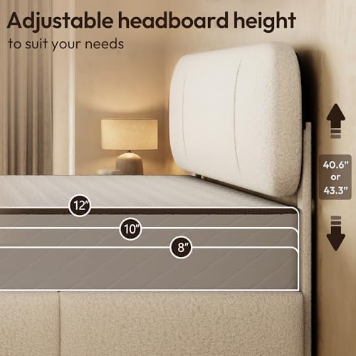 Full Size Cloud Bed Frame with LED & 4 Drawers, Beige