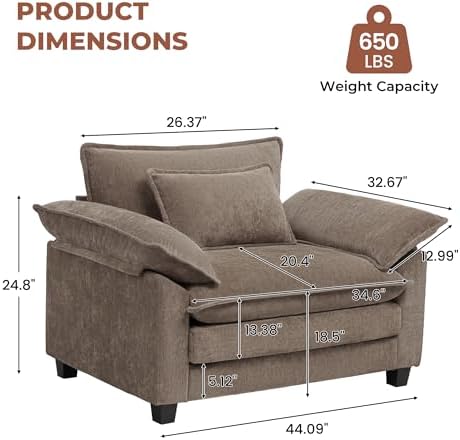 Modern Oversized Accent Chairs Set of 2,Chenille Cloud Sofa Chair with Deep Seat,Upholstered Armchair with Extra Thick,Comfy accent chairs Reading Chairs for Living Room Bedroom Apartment BROWN