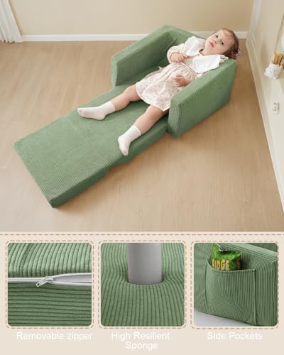 2-in-1 Kids Chair and Couch, Cozy Corduroy Kids Sofa, Green