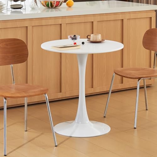 Round Dining Table, 27" Circle Tulip Table with Thickened Tabletop & Metal Pedestal, Mid Century Modern Bistro Table for Kitchen, Small Places, Living Room, Cafe (White)