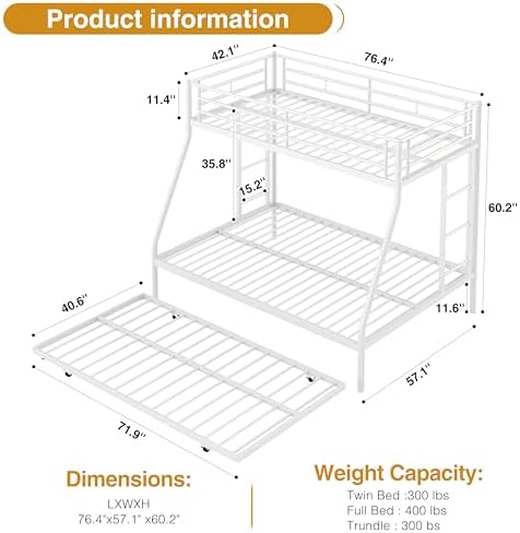 Nuturelly Twin Over Full Bunk Bed with Trundle, 400 lbs Capacity, White