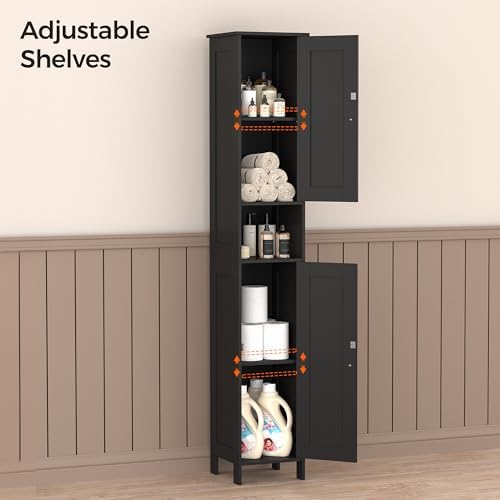 Homleke Tall Bathroom Storage Cabinet with 2 Doors, Slim Bathroom Cabinet | Narrow Storage Cabinet with Adjustable Shelves, Reversible Door, Easy Assembly, for Bathroom, Living Room, Black, 11.8''W