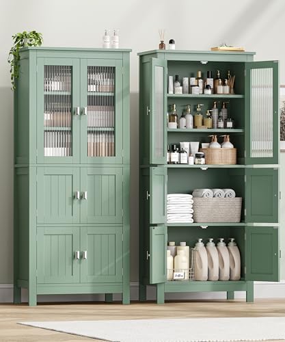 Akxomel 53.1" Tall Bathroom Cabinet 6 Doors Linen Floor Storage Cabinet | Bathroom Floor Cabinet with Adjustable Shelf, Pantry Cabinet for Living Room, Kitchen, Entryway, Green