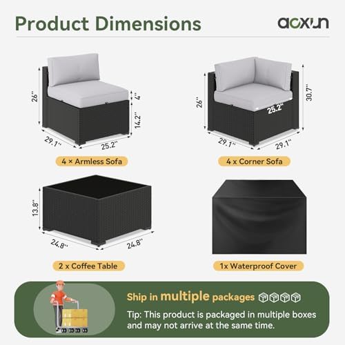Aoxun 10 Piece Patio Furniture Set Wicker Rattan Patio Sectional Sofa Set Outdoor Seating Furniture with Thickened Cushion, Light Gray