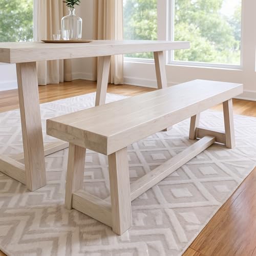 Plank+Beam Classic Dining Bench, 60 Inch, White Sand Wirebrush