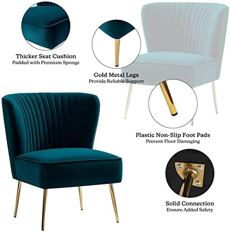 HULALA HOME Velvet Accent Chair, Modern Upholstered Cute Side Chair with Gold Metal Legs, Armless Wingback Slipper Chair Comfy Living Room Chair for Bedroom Guest Room Vanity,Teal