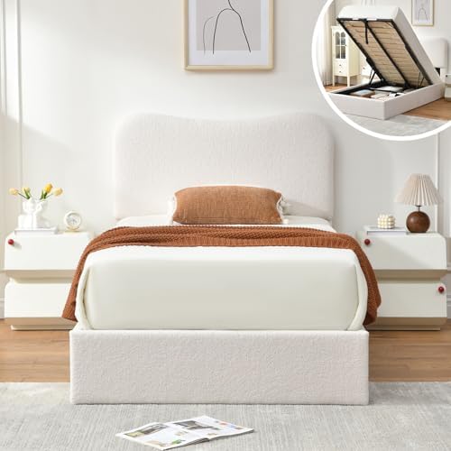 VELOCAVA Twin Size Lift-Up Storage Bed, Modern Upholstered Boucle Bed with Curved Headboard, Gas Lift Platform, Sturdy Wooden Slat Support, No Box Spring Needed, Easy Assembly, Cream White