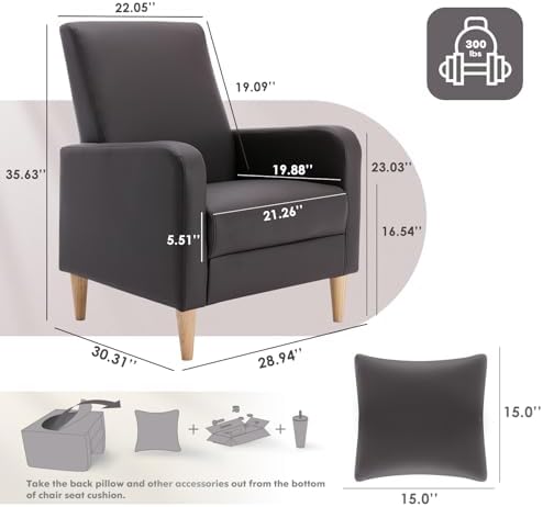 COLAMY Mid-Century Modern Accent Chair, Faux Leather Upholstered Living Room Chair with Back Pillow & Solid Wood Legs, Comfy Armchair for Living Room, Bedroom, Single Sofa, Dark Brown